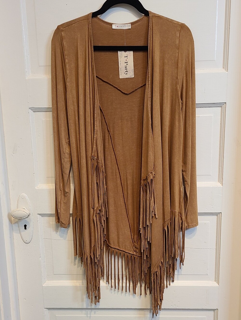 T Party Fringe Open-Front Women's Sweater Cardigan - Tan